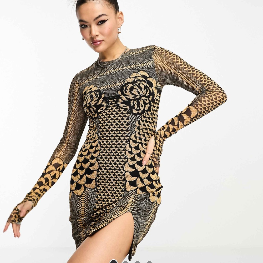 AFRM Shailene Turtle Neck Stylish BlackGold Patterned Long Sleeve Mesh Dress